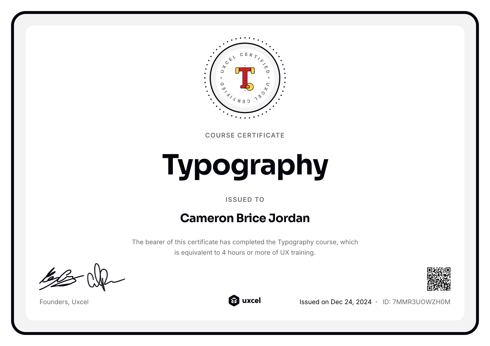 Cameron Brice Jordan's certificate